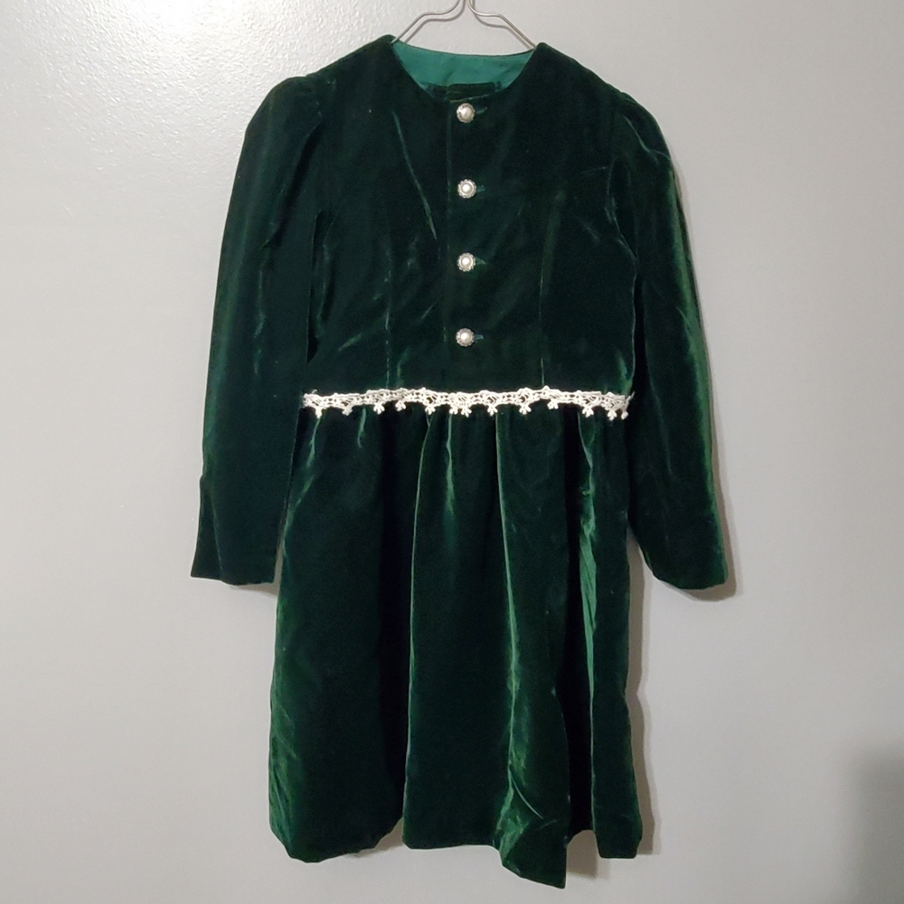 Vintage Peaches and Cream Green Velvet Kids Dress Bolero Lace Detail Girls Sz 6